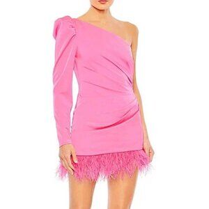 Feather Trim One-Shoulder Long Sleeve Minidress